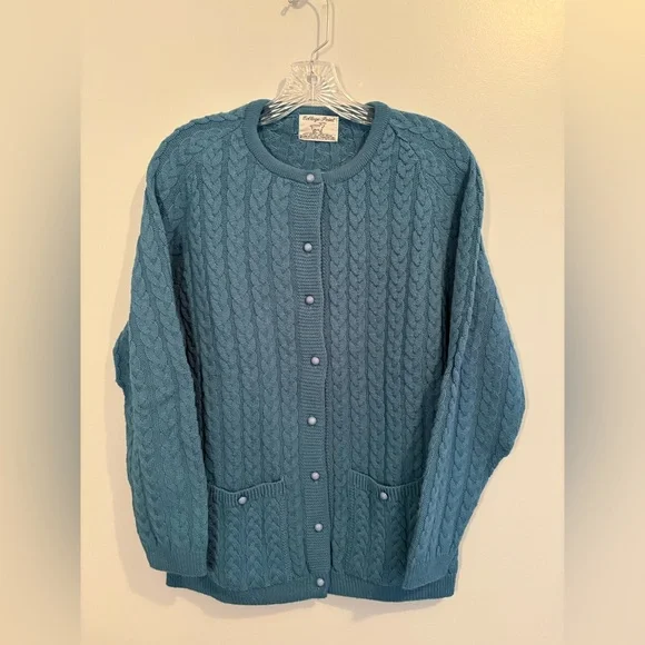 Vintage College Point Medium Cardigan Blue Crewneck Cable Knit Acrylic Classic - Picture 6 of 12
